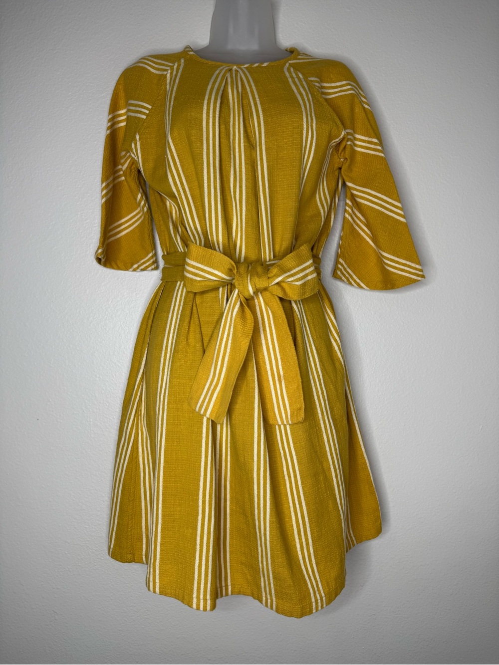 Ace & Jig Mustard Yellow White Striped Tie Waist Mini Dress Cotton XS
